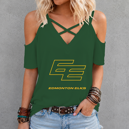 [FAN EXCLUSIVE] NEW CUSTOMIZED CFL07 EDM EDMONTON ELKS STRAPPY CRISS CROSS V-NECK TOP