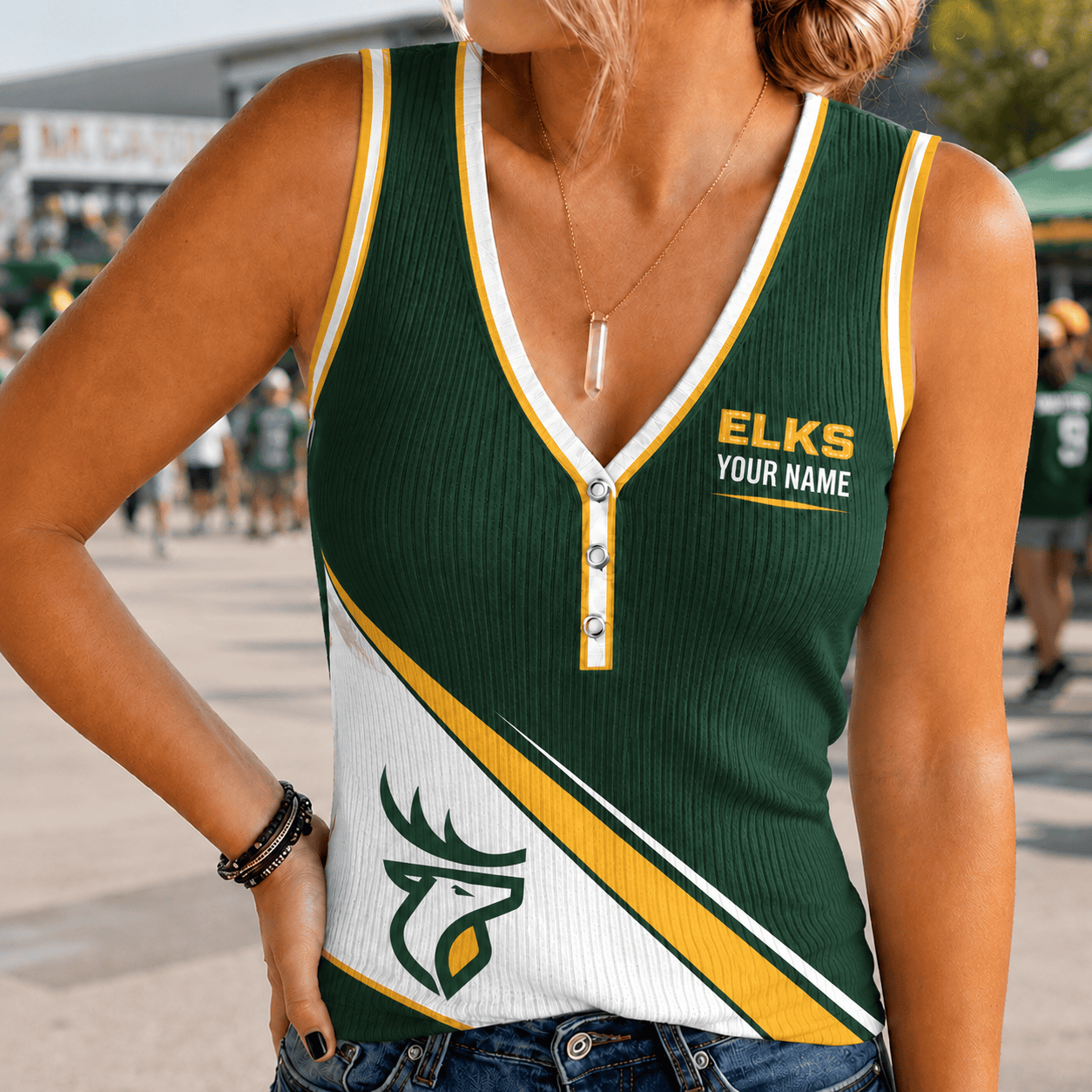 [FAN EXCLUSIVE] NEW CUSTOMIZED CFL07 EDM EDMONTON ELKS WOMEN'S V-NECK TANK TOP