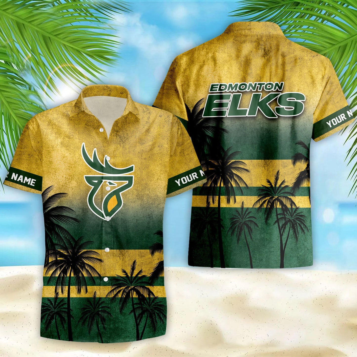 [FAN EXCLUSIVE] NEW CUSTOMIZED CFL07 EDM EDMONTON ELKS HAWAIIAN SHIRT & SHORTS SET