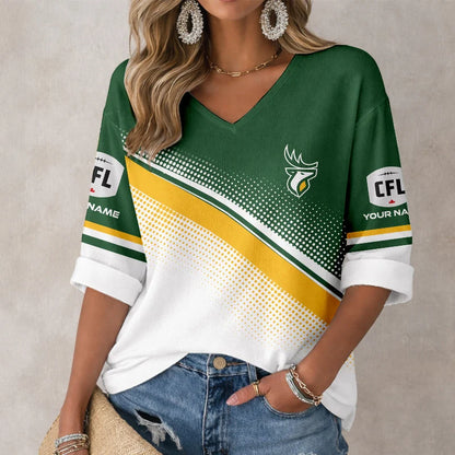 [FAN EXCLUSIVE] NEW CUSTOMIZED CFL07 EDM EDMONTON ELKS WOMEN'S HEART V-NECK LONG SLEEVE SHIRT