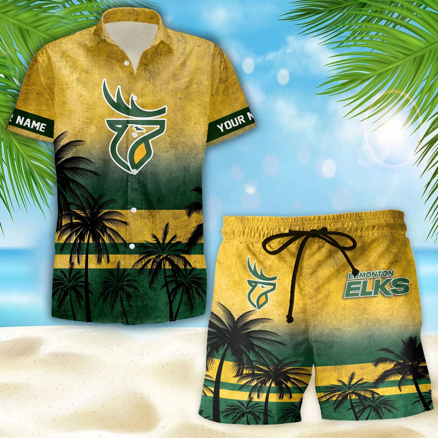 [FAN EXCLUSIVE] NEW CUSTOMIZED CFL07 EDM EDMONTON ELKS HAWAIIAN SHIRT & SHORTS SET