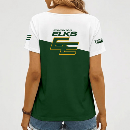 [FAN EXCLUSIVE] NEW CUSTOMIZED CFL07 EDM EDMONTON ELKS STRAPPY V-NECK FEMALE SHIRT