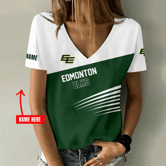 [FAN EXCLUSIVE] NEW CUSTOMIZED CFL07 EDM EDMONTON ELKS STRAPPY V-NECK FEMALE SHIRT