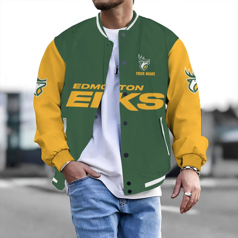 [FAN EXCLUSIVE] NEW CUSTOMIZED CFL07 EDM EDMONTON ELKS BASEBALL JACKET & SATIN VARSITY JACKET
