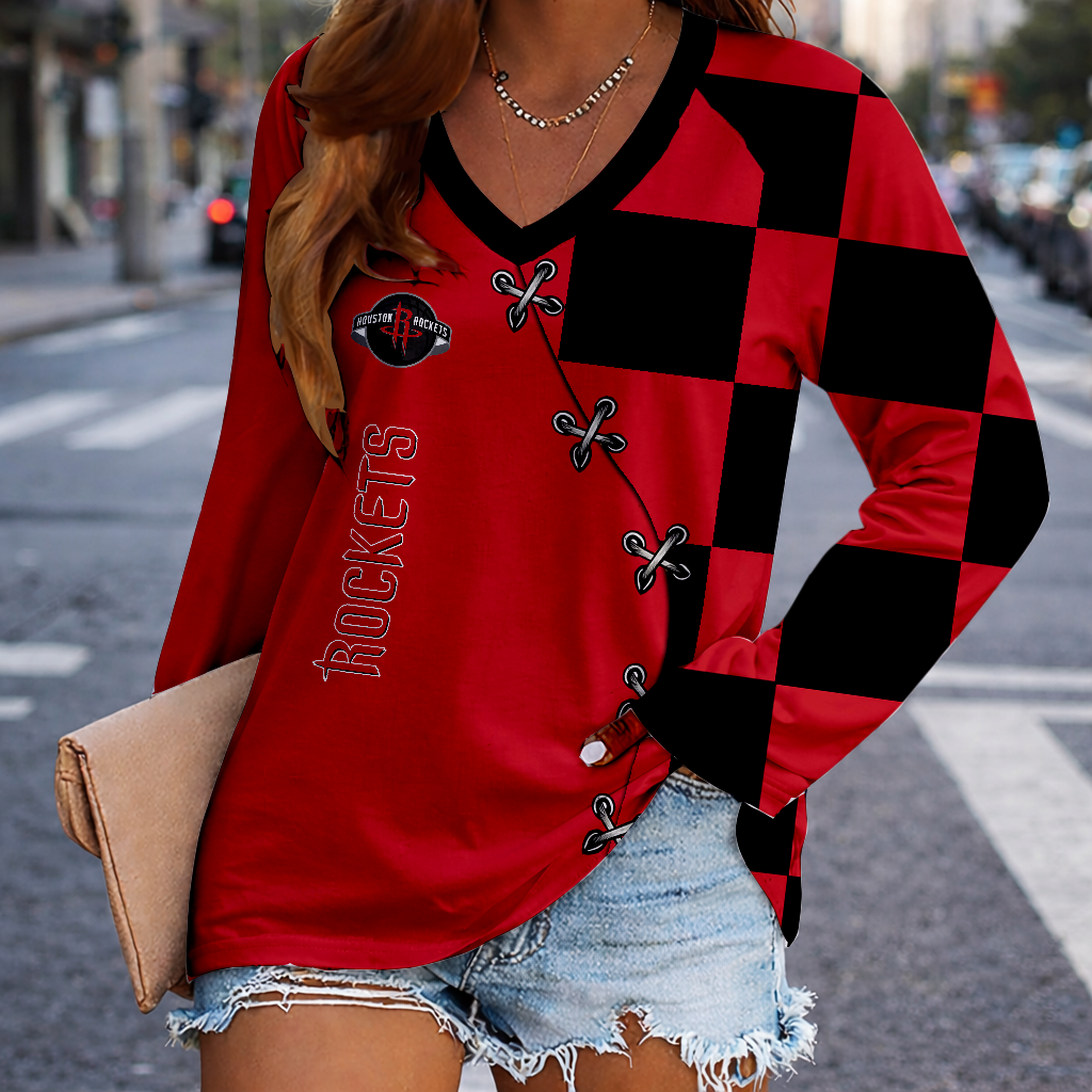 LIMITED EDITION - NEW CUSTOMIZED NBA07 HRO HOUSTON ROCKETS WOMEN'S V-NECK LONG SLEEVED SHIRT