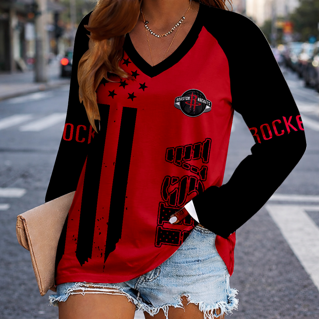 LIMITED EDITION - NEW CUSTOMIZED NBA07 HRO HOUSTON ROCKETS WOMEN'S V-NECK LONG SLEEVED SHIRT