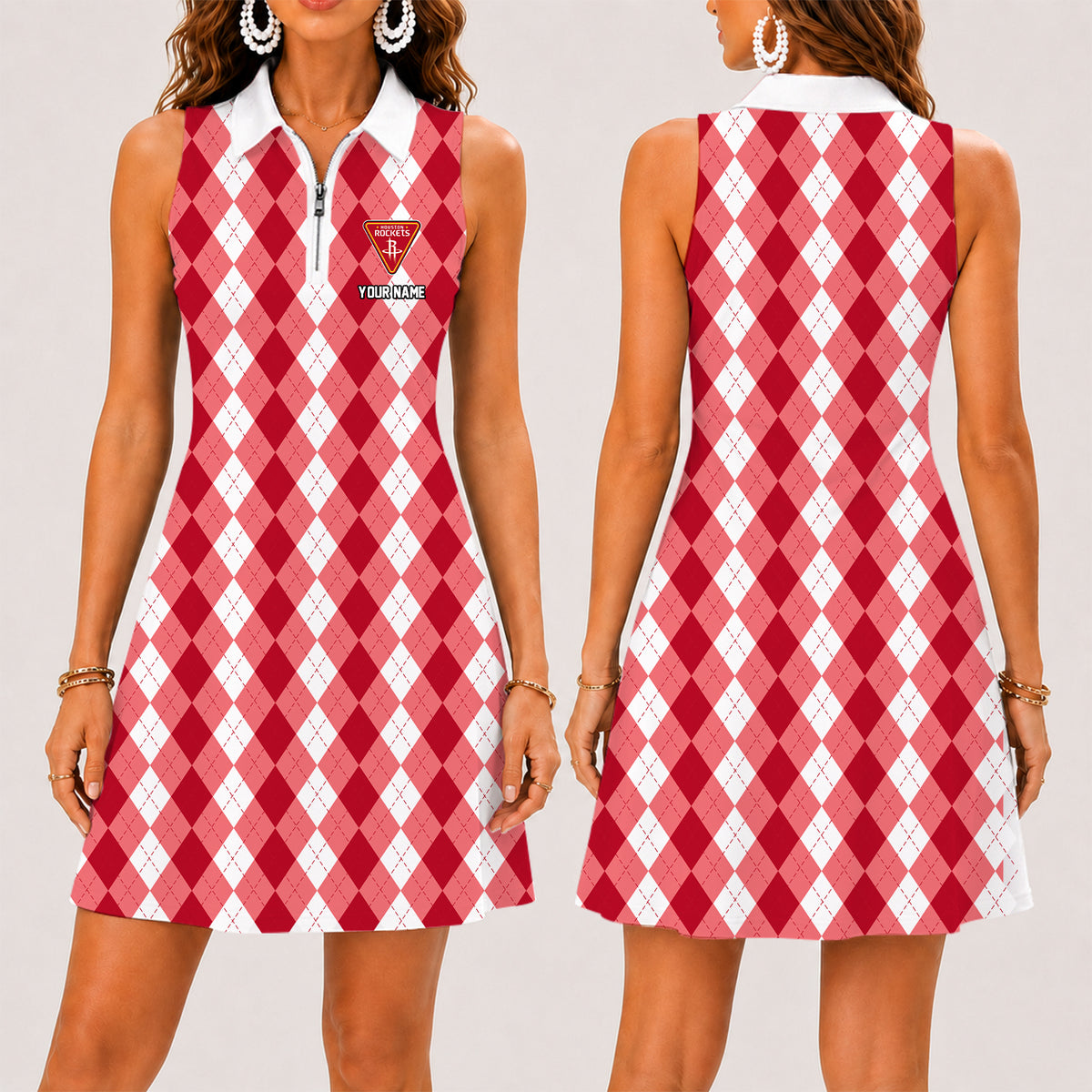 [HOT DEAL] NEW CUSTOMIZED NBA07 HRO HOUSTON ROCKETS  WOMEN'S ZIP SLEEVELESS POLO DRESS