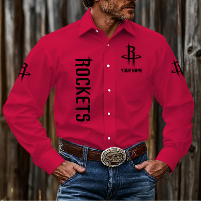 LIMITED EDITION - NEW CUSTOMIZED NBA07 HRO HOUSTON ROCKETS MEN'S LONG SLEEVE BUTTON-UP SHIRT