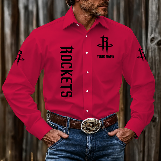 LIMITED EDITION - NEW CUSTOMIZED NBA07 HRO HOUSTON ROCKETS MEN'S LONG SLEEVE BUTTON-UP SHIRT