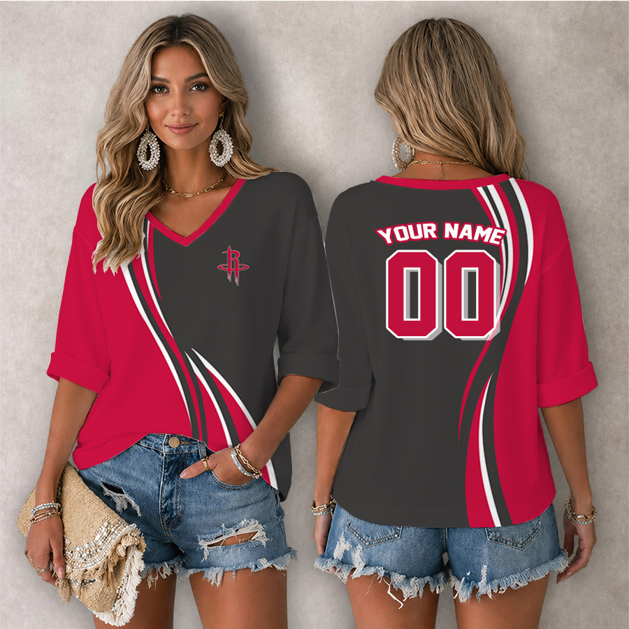 LIMITED EDITION - NEW CUSTOMIZED NBA07 HRO HOUSTON ROCKETS WOMEN'S HEART V-NECK LONG SLEEVE SHIRT