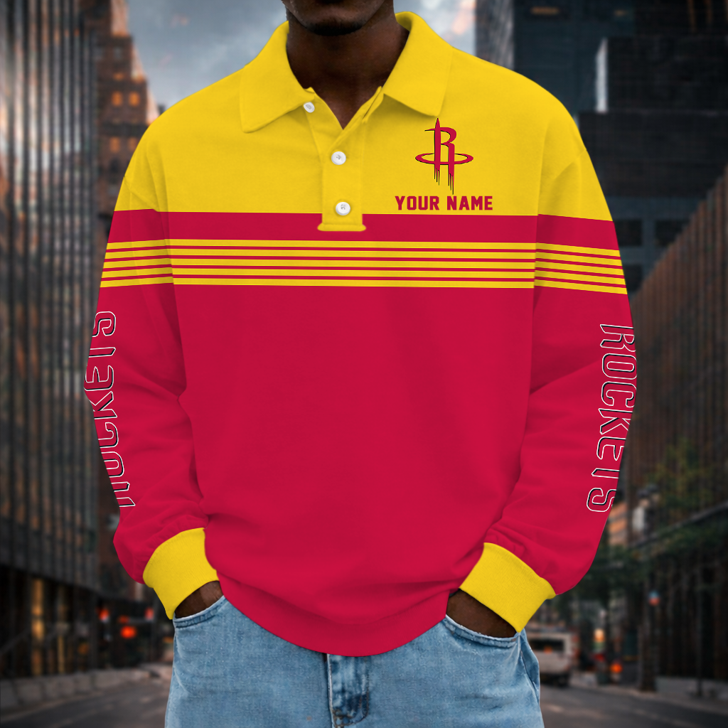ELITE EDITION - NEW CUSTOMIZED NBA07 HRO HOUSTON ROCKETS MEN LONG SLEEVE POLO