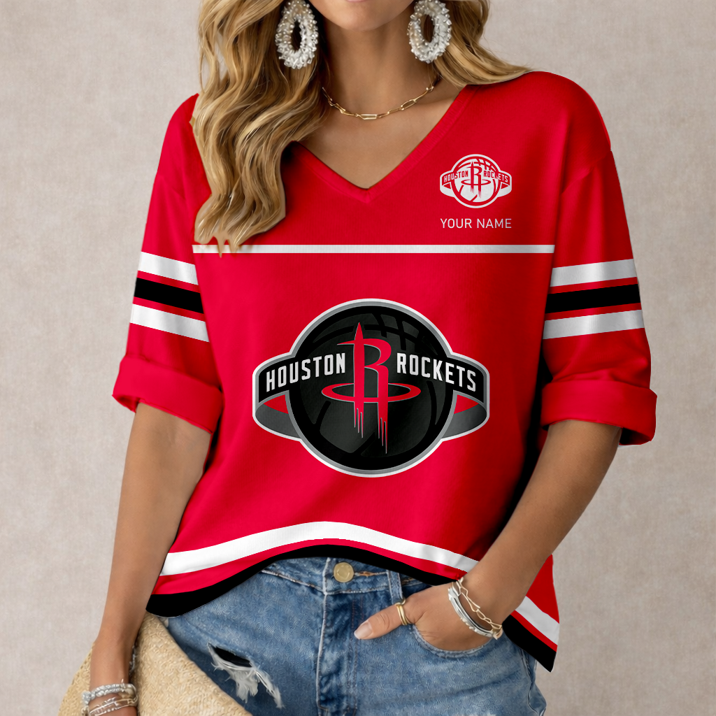 LIMITED EDITION - NEW CUSTOMIZED NBA07 HRO HOUSTON ROCKETS WOMEN'S HEART V-NECK LONG SLEEVE SHIRT