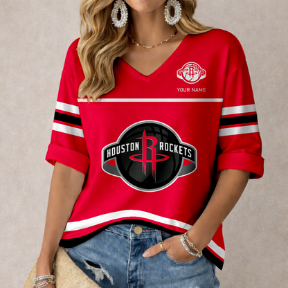LIMITED EDITION - NEW CUSTOMIZED NBA07 HRO HOUSTON ROCKETS WOMEN'S HEART V-NECK LONG SLEEVE SHIRT
