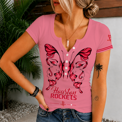 [HOT DEAL] NEW CUSTOMIZED NBA07 HRO HOUSTON ROCKETS  WOMEN'S SHORT SLEEVE HENLEY T-SHIRT