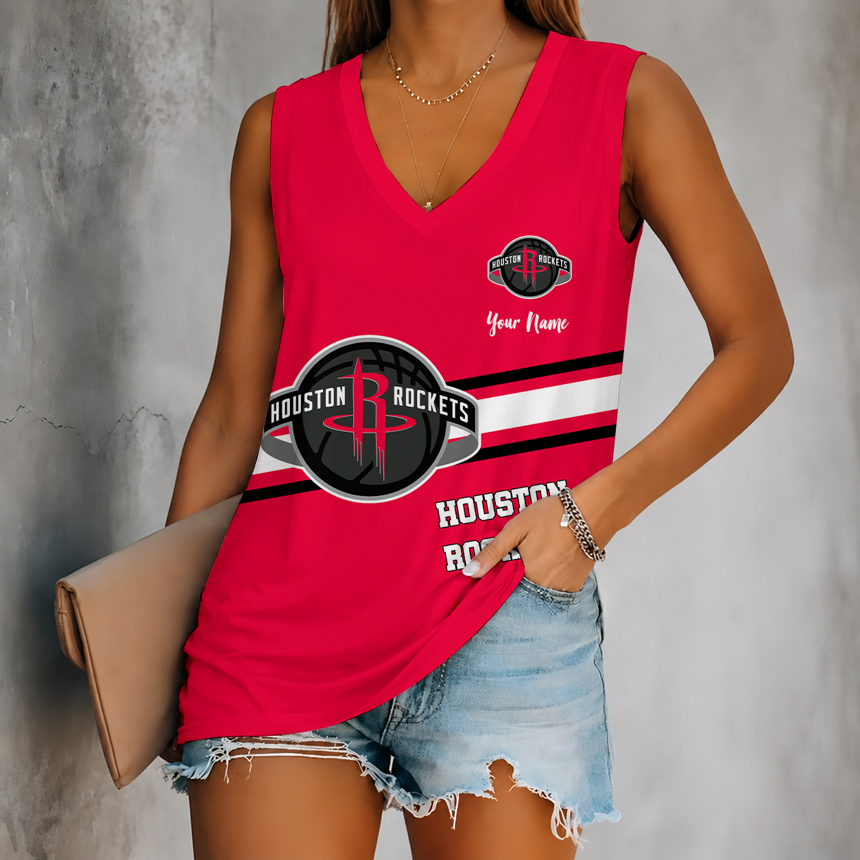[HOT DEAL] NEW CUSTOMIZED NBA07 HRO HOUSTON ROCKETS WOMEN'S V-NECK TANK TOP