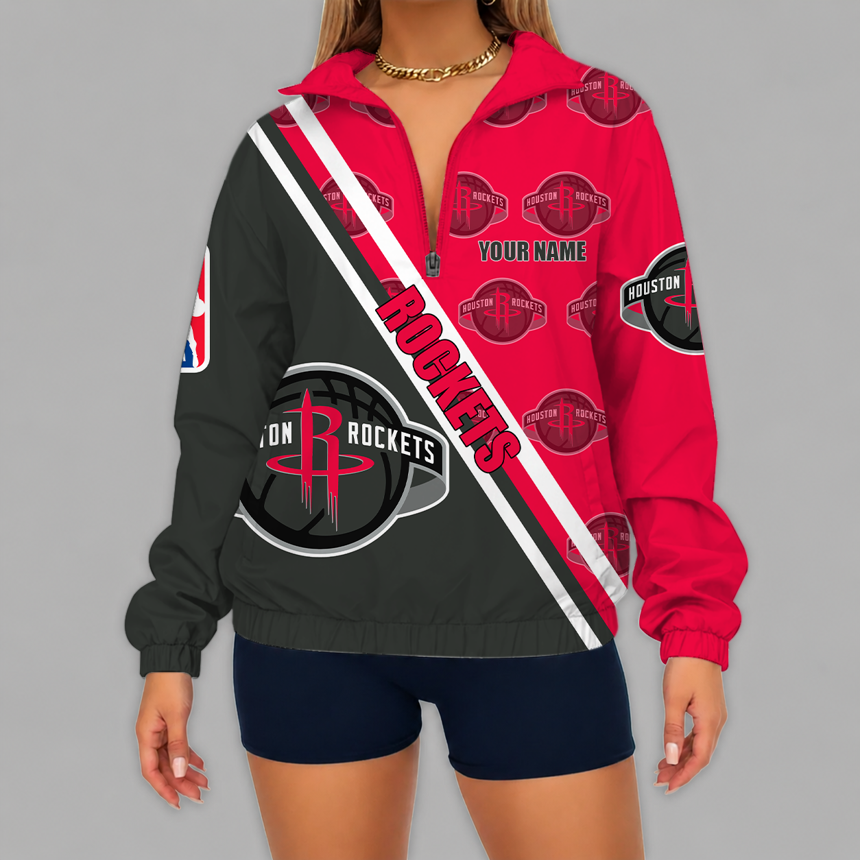 [HOT DEAL] NEW CUSTOMIZED NBA07 HRO HOUSTON ROCKETS V-NECK ZIPPER SWEATSHIRT JACKET