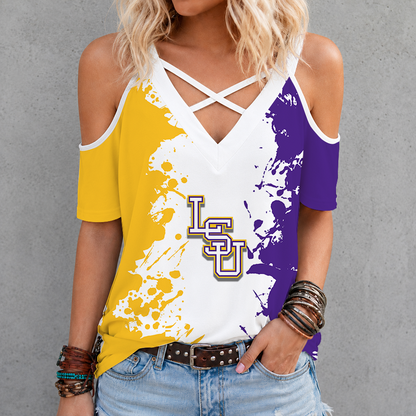 [FAN FAVORITE] NEW CUSTOMIZED NCAA CWS07 LST LSU TIGERS CRISS CROSS V-NECK TOP