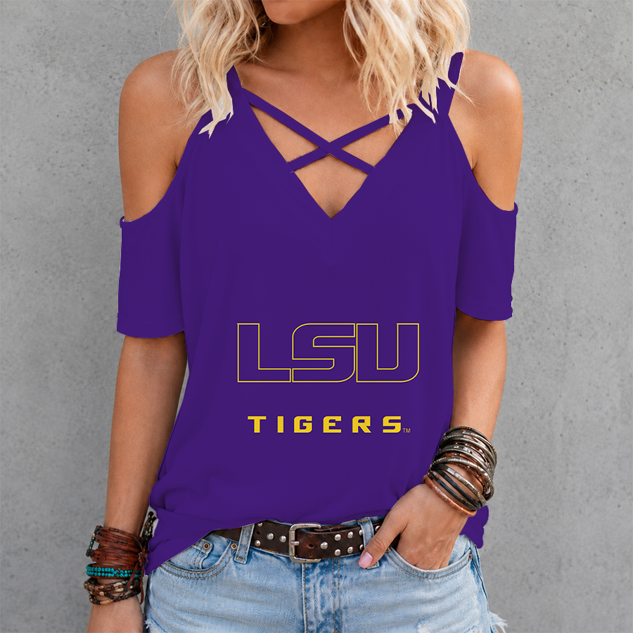 [FAN FAVORITE] NEW CUSTOMIZED NCAA CWS07 LST LSU TIGERS CRISS CROSS V-NECK TOP