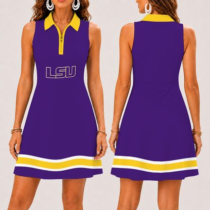 [FAN FAVORITE] NEW CUSTOMIZED NCAA CWS07 LST LSU TIGERS WOMEN'S ZIP SLEEVELESS POLO DRESS
