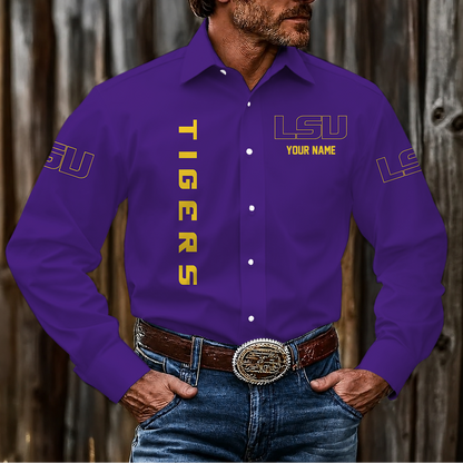 LIMITED EDITION - NEW CUSTOMIZED NCAA CWS07 LST LSU TIGERS MEN'S LONG SLEEVE BUTTON-UP SHIRT