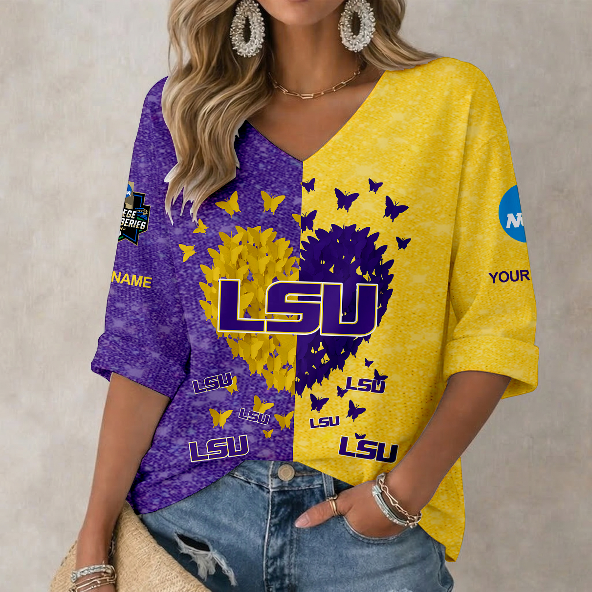 LIMITED EDITION - NEW CUSTOMIZED NCAA CWS07 LST LSU TIGERS WOMEN'S HEART V-NECK LONG SLEEVE SHIRT