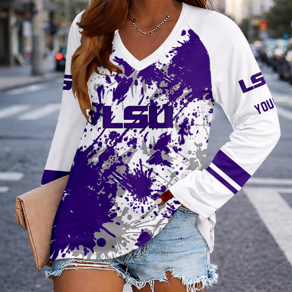 [FAN FAVORITE] NEW CUSTOMIZED NCAA CWS07 LST LSU TIGERS WOMEN'S V-NECK LONG SLEEVED SHIRT