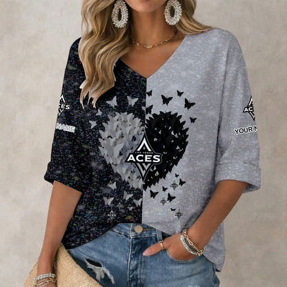 LIMITED EDITION - NEW CUSTOMIZED WNBA07 LVA LV ACES  WOMEN'S HEART V-NECK LONG SLEEVE SHIRT