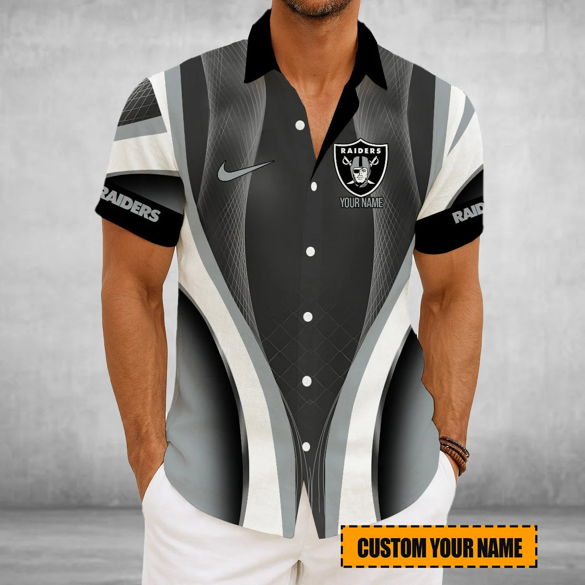 LIMITED EDITION - NEW CUSTOMIZED NFL07 LVR LAS VEGAS RAIDERS SHORT SLEEVE BUTTON-UP SHIRT