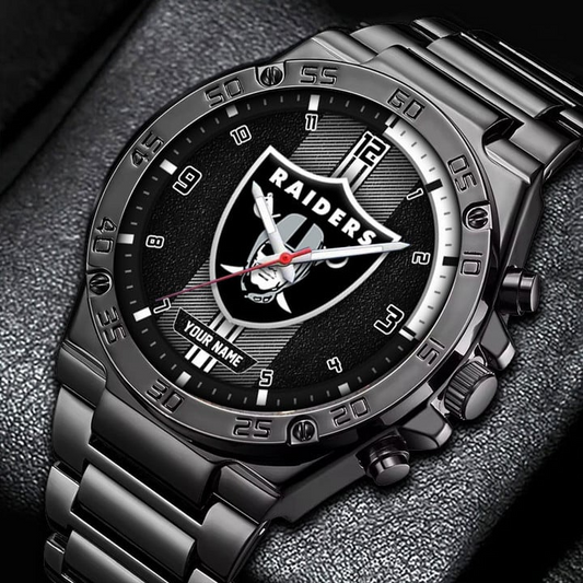 LIMITED EDITION - NEW CUSTOMIZED NFL07 LVR LAS VEGAS RAIDERS LUXURY STAINLESS STEEL WATCH