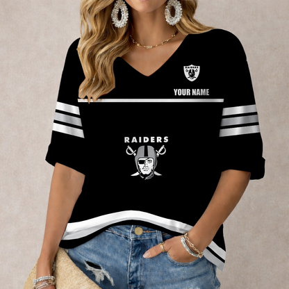 LIMITED EDITION - NEW CUSTOMIZED NFL07 LVR LAS VEGAS RAIDERS WOMEN'S V-NECK MID-SLEEVE SHIRT