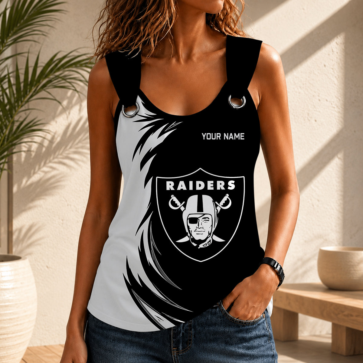 LIMITED EDITION - NEW CUSTOMIZED NFL07 LVR LAS VEGAS RAIDERS O-RING SHOULDER TANK TOP