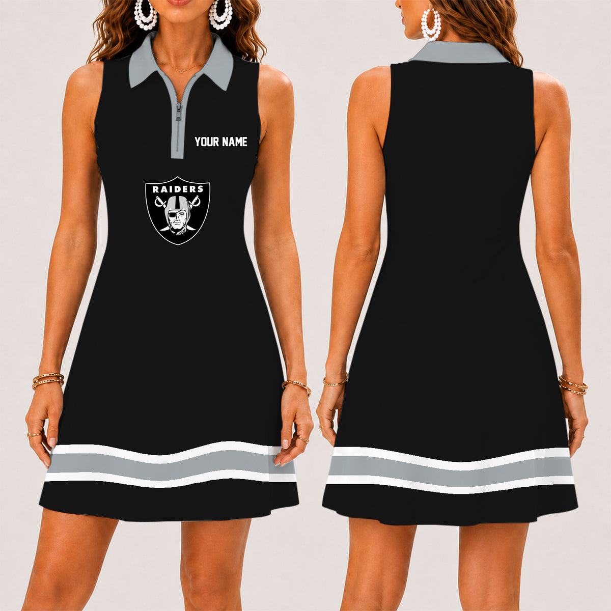 [SPECIAL OFFER] NEW CUSTOMIZED NFL07 LVR LAS VEGAS RAIDERS WOMEN'S ZIP SLEEVELESS POLO DRESS