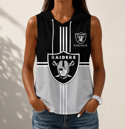 LIMITED EDITION - NEW CUSTOMIZED NFL07 LVR LAS VEGAS RAIDERS WOMEN'S SLEEVELESS HOODED POCKET TANK TOP