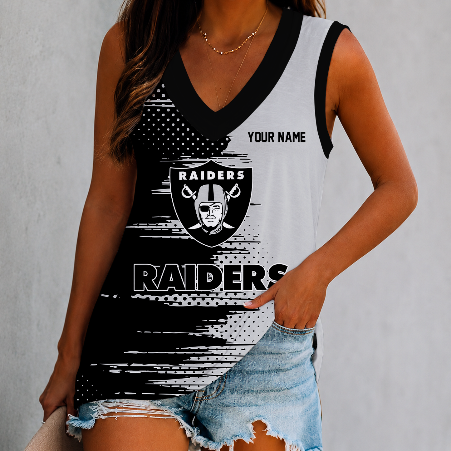 LIMITED EDITION - NEW CUSTOMIZED NFL07 LVR LAS VEGAS RAIDERS WOMEN'S V-NECK TANK TOP