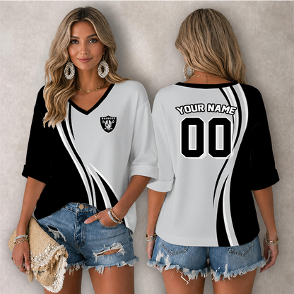 LIMITED EDITION - NEW CUSTOMIZED NFL07 LVR LAS VEGAS RAIDERS WOMEN'S HEART V-NECK LONG SLEEVE SHIRT