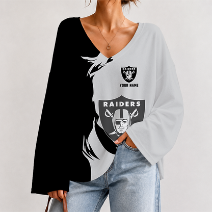 [SPECIAL OFFER] NEW CUSTOMIZED NFL07 LVR LAS VEGAS RAIDERS V NECK LONG SLEEVED CROP TOP