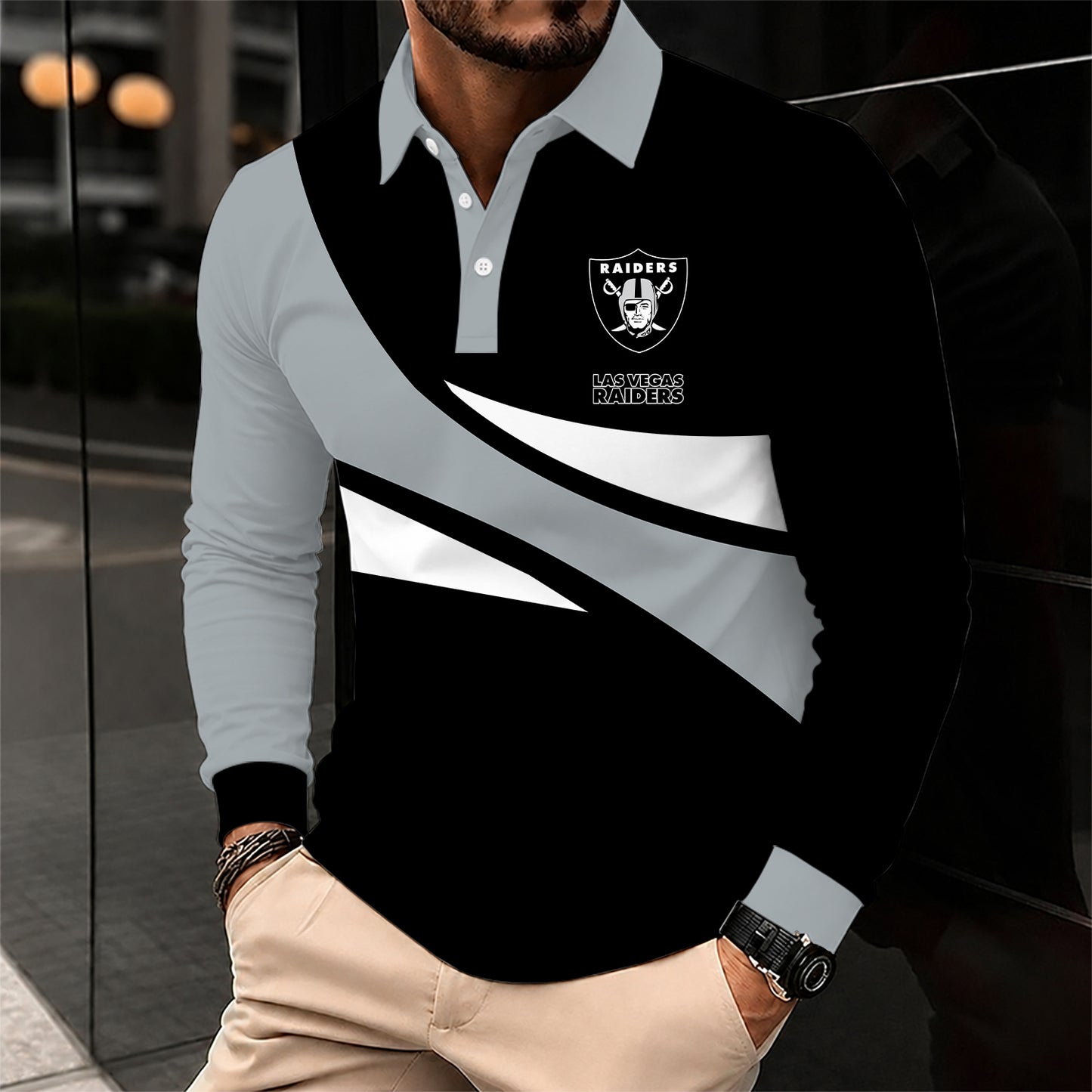 [SPECIAL OFFER] NEW CUSTOMIZED NFL07 LVR LAS VEGAS RAIDERS LONG SLEEVE POLO SHIRT