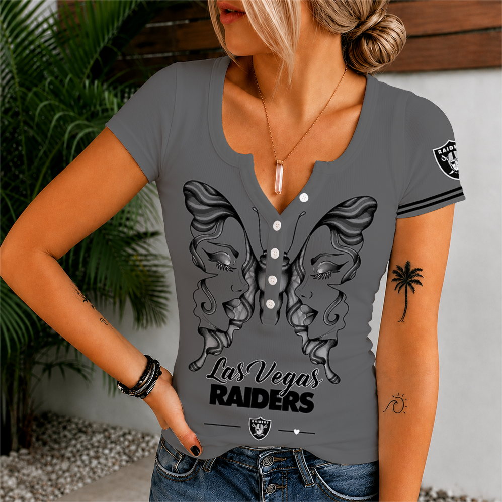 [SPECIAL OFFER] NEW CUSTOMIZED NFL07 LVR LAS VEGAS RAIDERS WOMEN'S SHORT SLEEVE HENLEY T-SHIRT