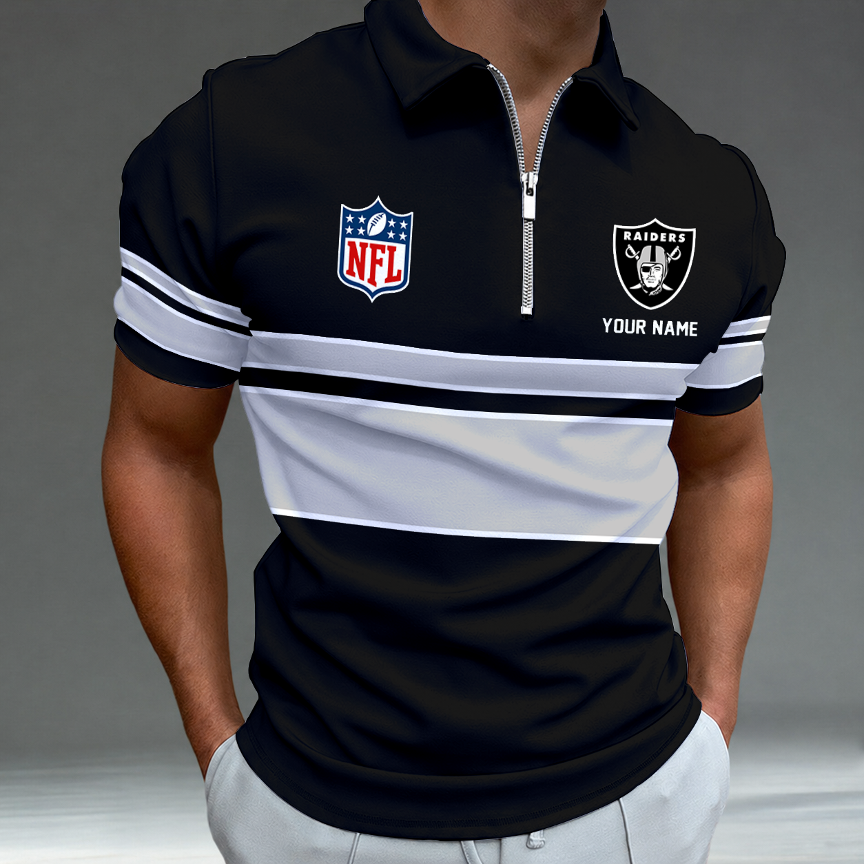 [SPECIAL OFFER] NEW CUSTOMIZED NFL07 LVR LAS VEGAS RAIDERS ZIP POLO SHIRT