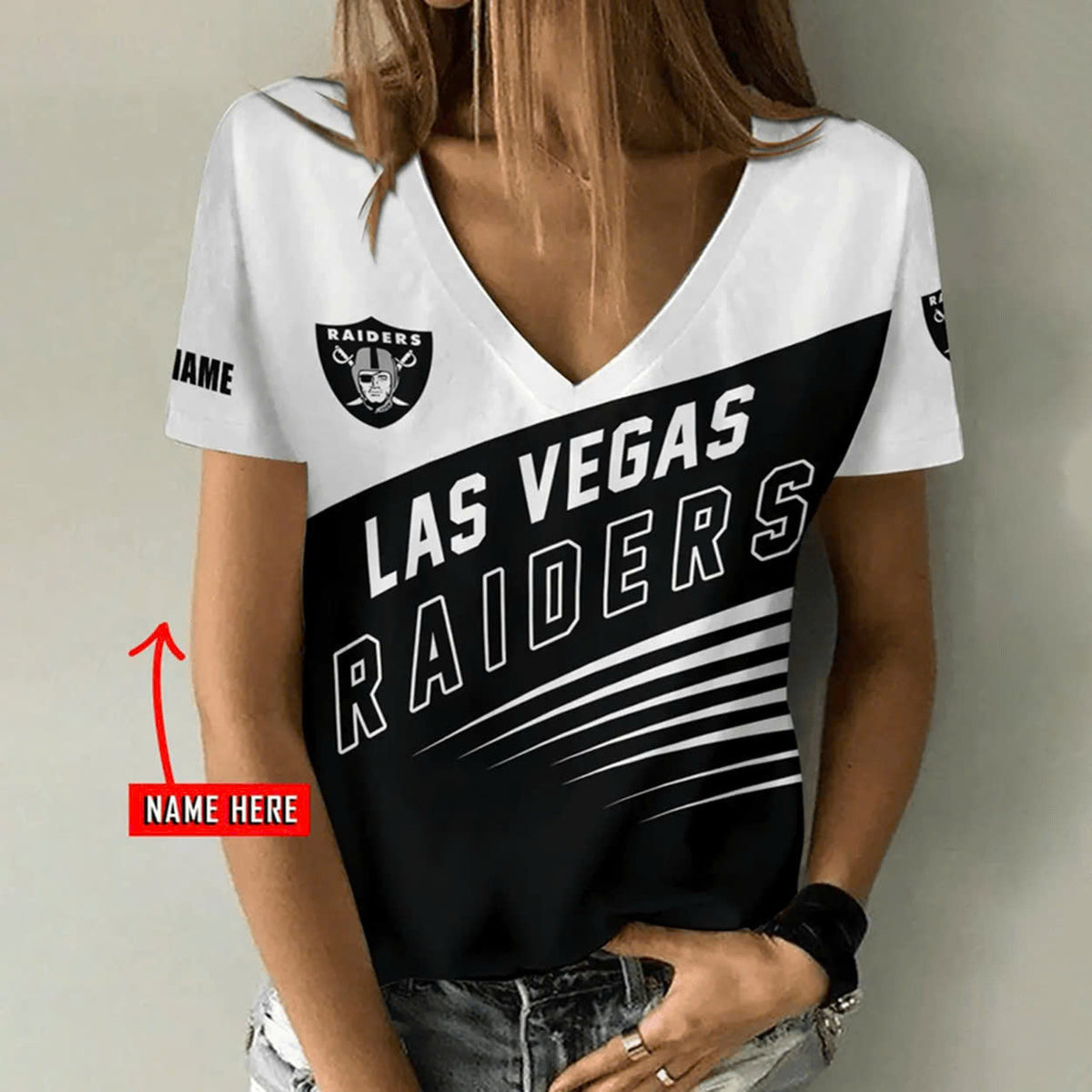 [SPECIAL OFFER] NEW CUSTOMIZED NFL07 LVR LAS VEGAS RAIDERS V-NECK FEMALE SHIRT