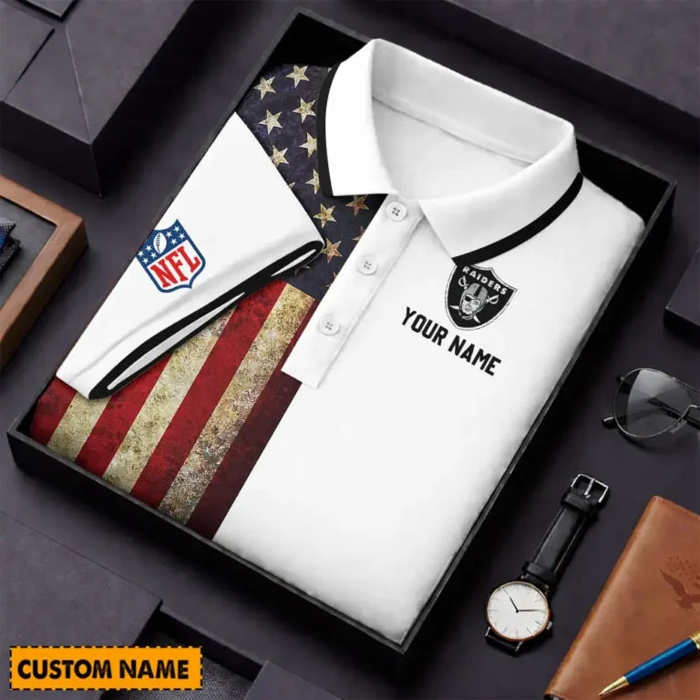 [SPECIAL OFFER] NEW CUSTOMIZED NFL07 LVR LAS VEGAS RAIDERS US FLAG POLO SHIRT