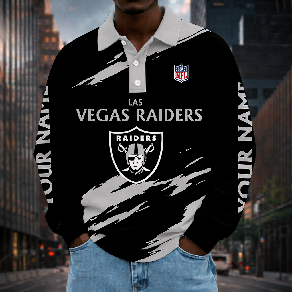 LIMITED EDITION - NEW CUSTOMIZED NFL07 LVR LAS VEGAS RAIDERS MEN LONG SLEEVE POLO