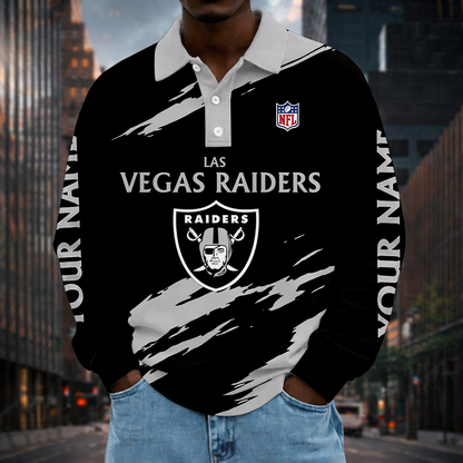 LIMITED EDITION - NEW CUSTOMIZED NFL07 LVR LAS VEGAS RAIDERS MEN LONG SLEEVE POLO