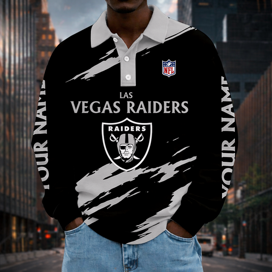 LIMITED EDITION - NEW CUSTOMIZED NFL07 LVR LAS VEGAS RAIDERS MEN LONG SLEEVE POLO