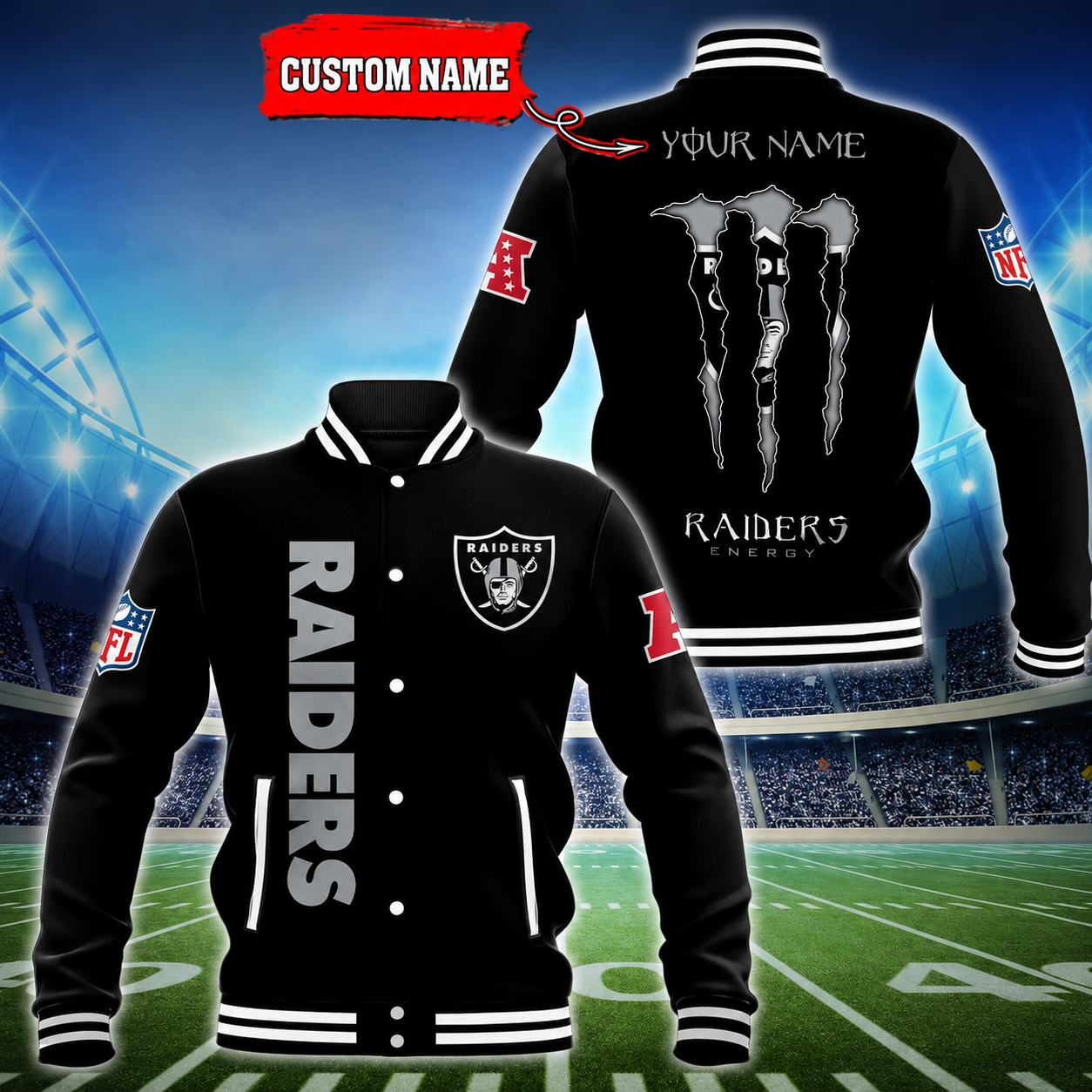 LIMITED EDITION - NEW CUSTOMIZED NFL07 LVR LAS VEGAS RAIDERS SATIN VARSITY & BASEBALL JACKET