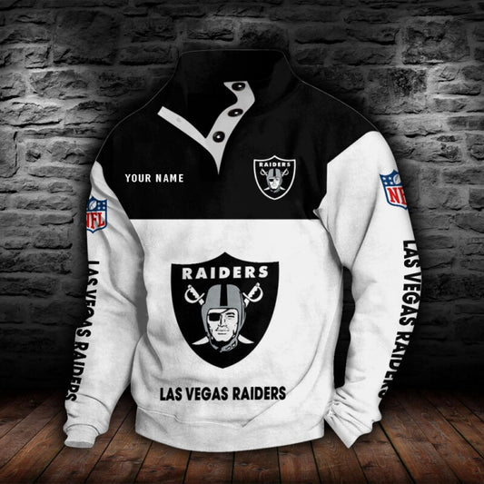 LIMITED EDITION - NEW CUSTOMIZED NFL07 LVR LAS VEGAS RAIDERS QUARTER-BUTTON STAND-COLLAR SWEATSHIRT