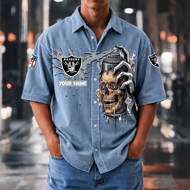 [SPECIAL OFFER] NEW CUSTOMIZED NFL07 LVR LAS VEGAS RAIDERS SEERSUCKER BUTTON SHIRT
