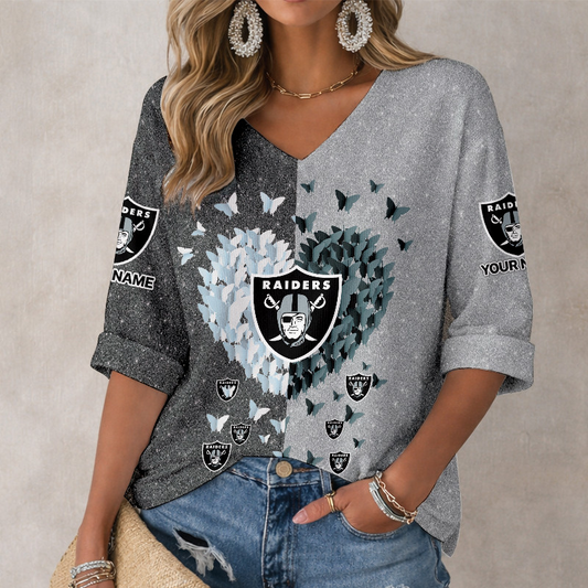LIMITED EDITION - NEW CUSTOMIZED NFL07 LVR LAS VEGAS RAIDERS WOMEN'S HEART V-NECK LONG SLEEVE SHIRT