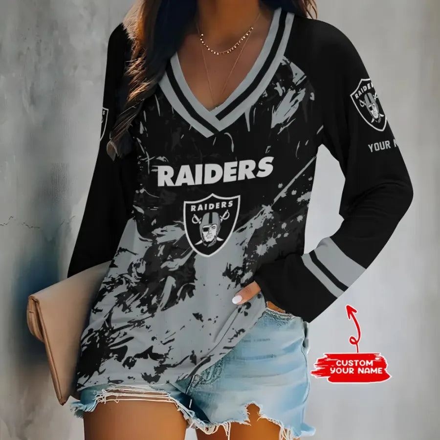 [SPECIAL OFFER] NEW CUSTOMIZED NFL07 LVR LAS VEGAS RAIDERS WOMEN'S V-NECK LONG SLEEVED SHIRT