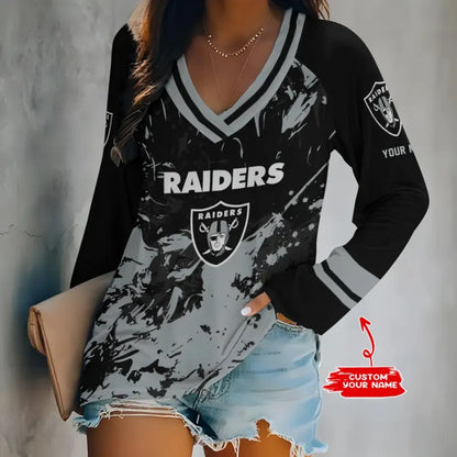 [SPECIAL OFFER] NEW CUSTOMIZED NFL07 LVR LAS VEGAS RAIDERS WOMEN'S V-NECK LONG SLEEVED SHIRT